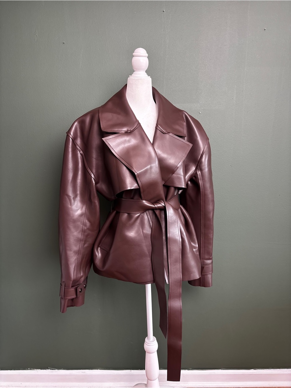 Naked Wardrobe Belted Faux Leather Jacket in Deep Brown